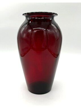 Anchor Hocking Glass Royal Ruby Red Scalloped Top Edge Vase 9" Tall Vintage
